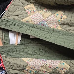 Anthropologie Olive Green Quilted Patchwork Cardigan with Cream Floral Accents